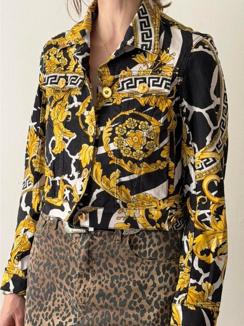 Baroque Print Cropped Jacket in Black & Gold